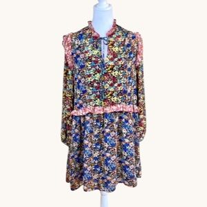 Floral Dress Long Sleeve Ruffle Tie Collar Red Blue Multi (S)